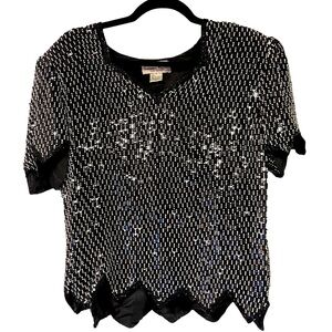 Vintage Laurence Kazar New‎ York Black Beaded Silk Formal Top XL